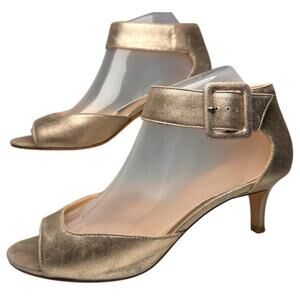 Pelle Moda Berlin Suede Gold Kitten Heel Ankle Strap Sz 8 M Wedding Glam Buckle